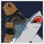 Grizzly Bear Wearing a Wolf Shirt riding a Shark